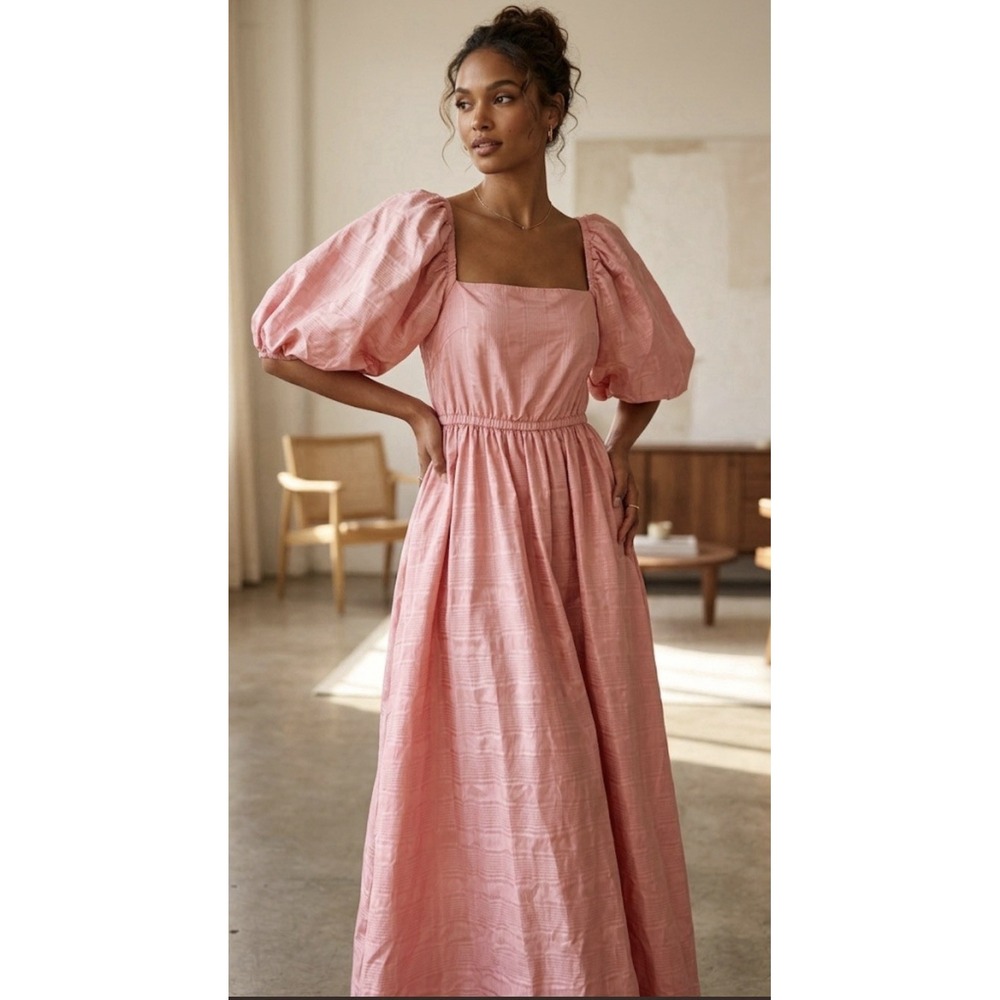 Vintage 80's Puff Sleeve Pink Taffeta Dress Square Neck Off Shoulder Handmade